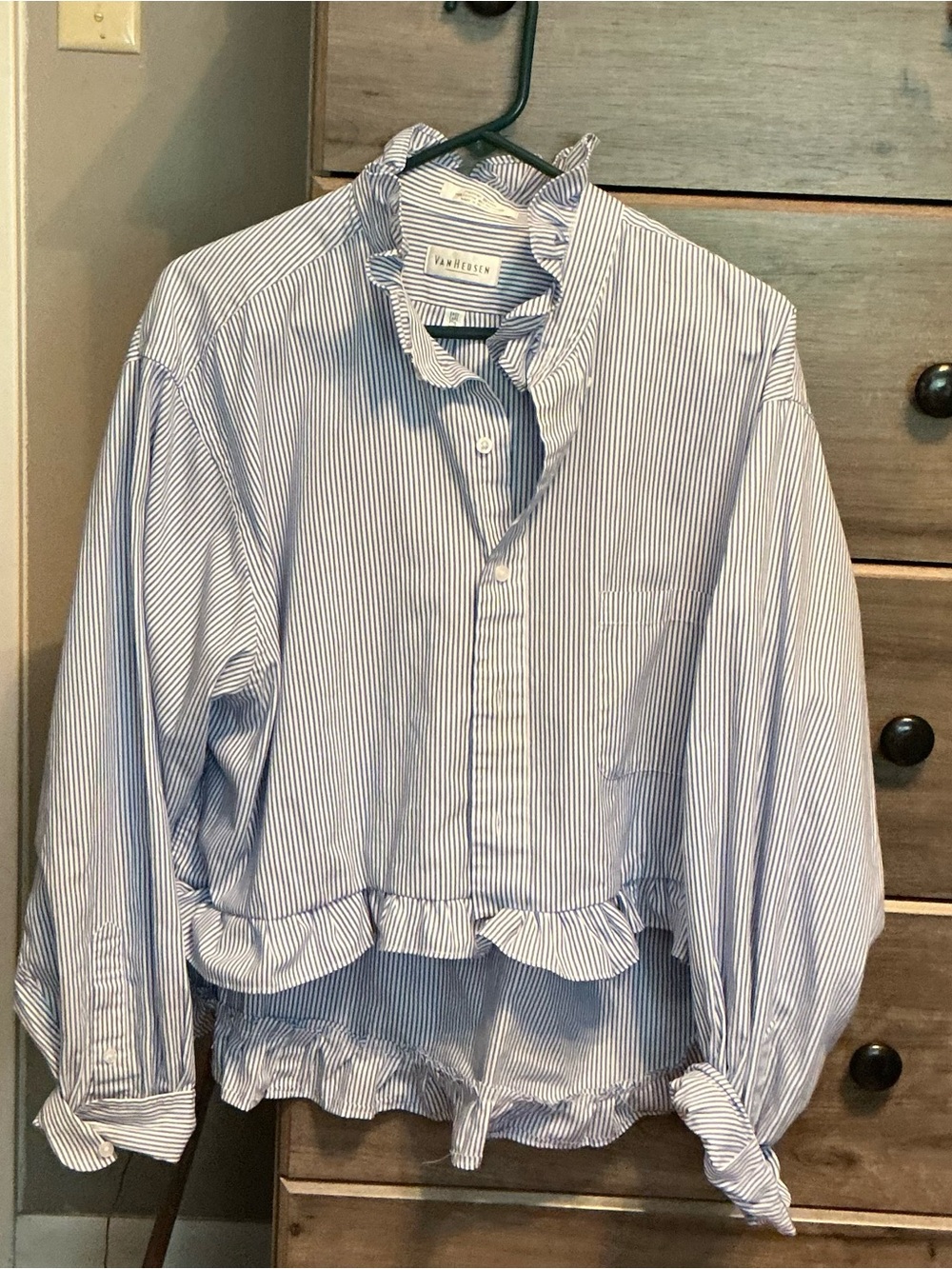 Van Heusen Blue and White Striped Ruffle Button-Up Blouse